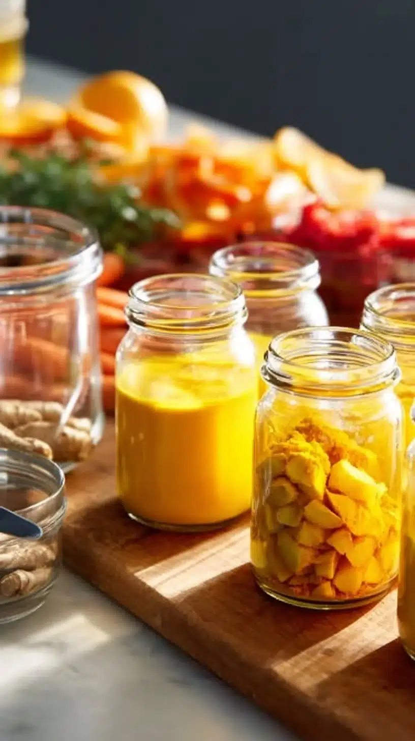 A vibrant lemon ginger turmeric wellness shot in a small glass.