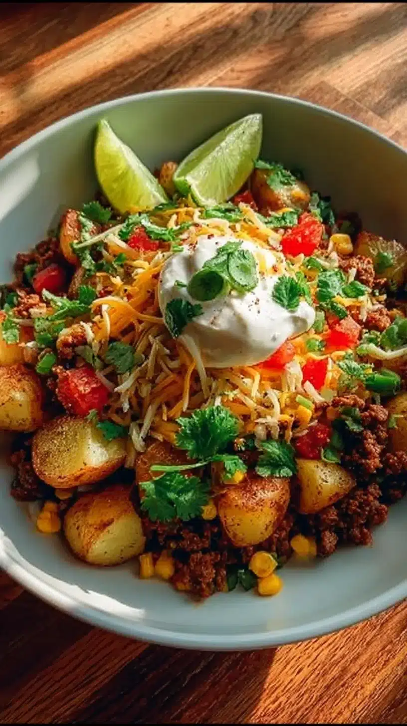 Loaded potato taco bowl with toppings