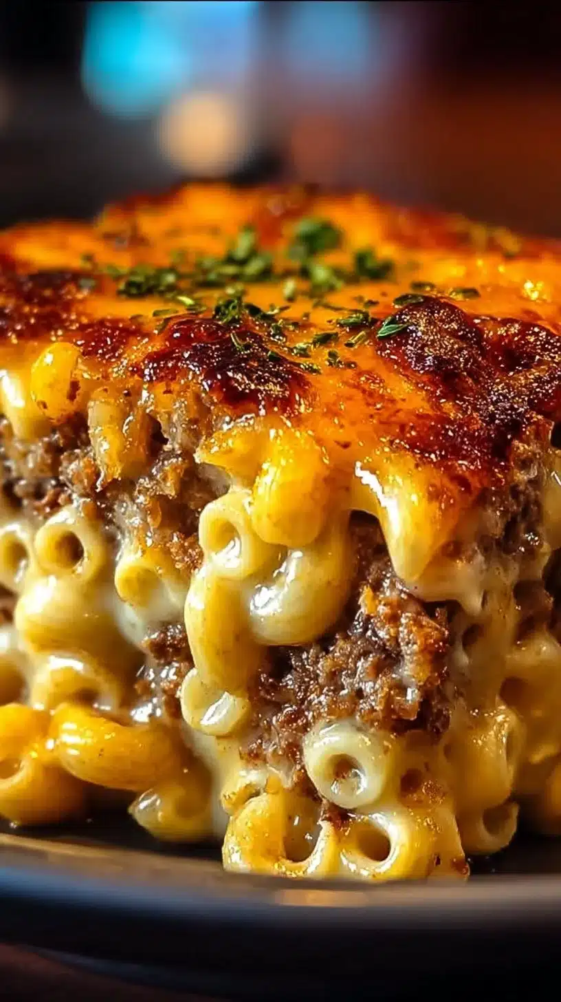 Delicious Mac and Cheese Meatloaf Casserole served on a plate.