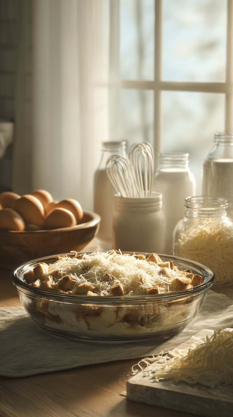 Unbaked breakfast casserole with eggs, bread, and cheese prepared for overnight chilling