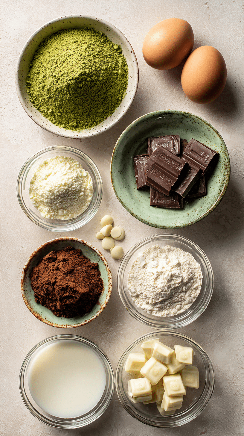 Ingredients needed to make matcha brownies arranged on a clean kitchen surface