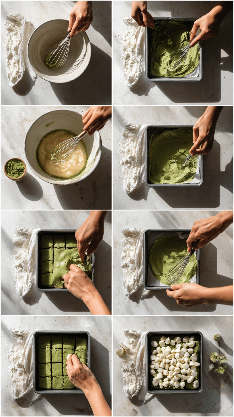 Step-by-step process of making matcha brownies from mixing to baking