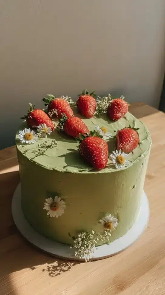 Matcha cake with Swiss meringue buttercream and fresh strawberry filling