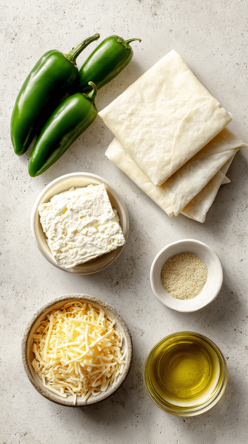 Ingredients for Mini Jalapeno Popper Egg Rolls arranged on a countertop