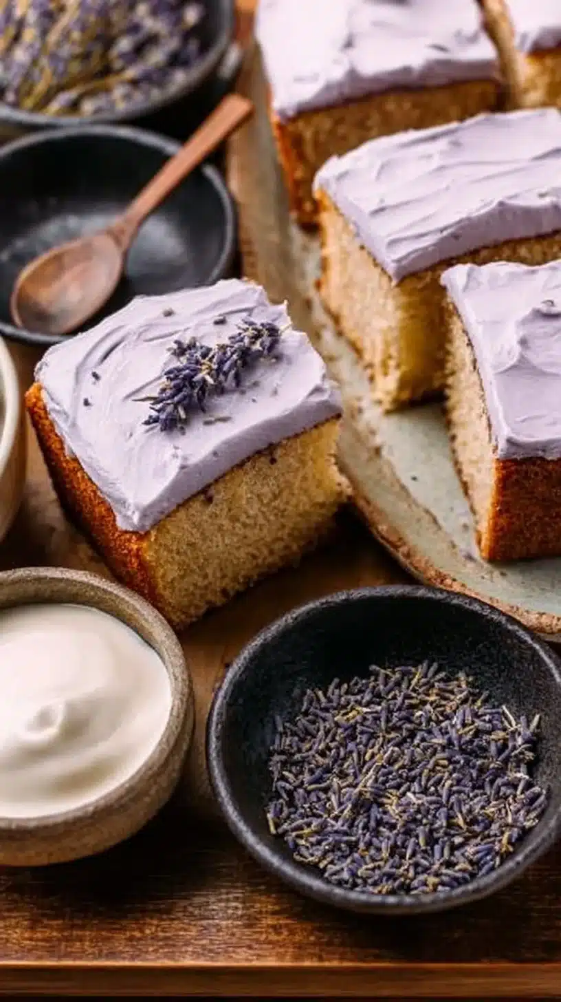 Moist London Fog Cake topped with creamy frosting on a decorative plate.