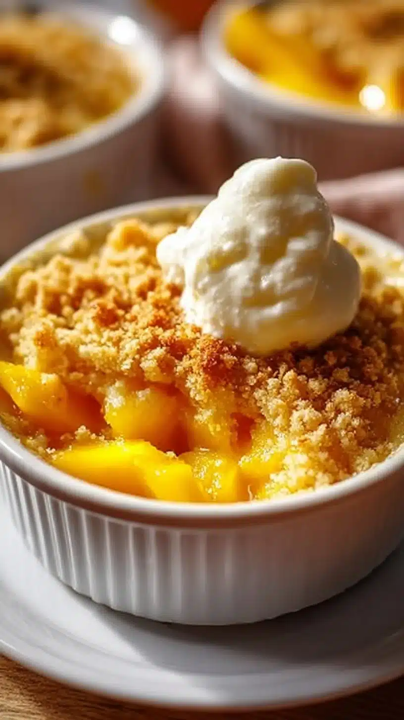 Delicious homemade mango crumble topped with golden brown oat crust