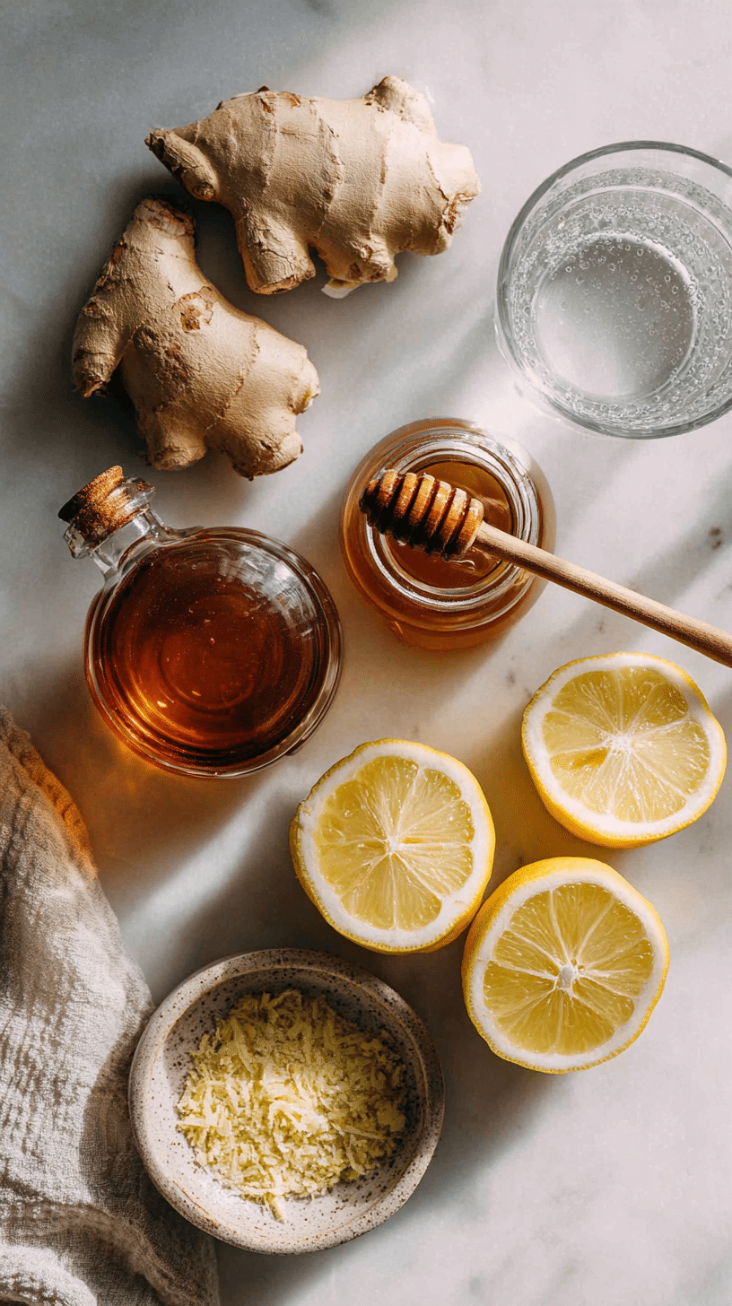 Ingredients for Natural Mounjaro Recipe including lemon, ginger, apple cider vinegar, honey, and warm water