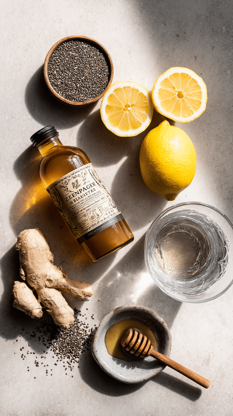 Ingredients for natural Zepbound recipe with apple cider vinegar lemon chia seeds and ginger