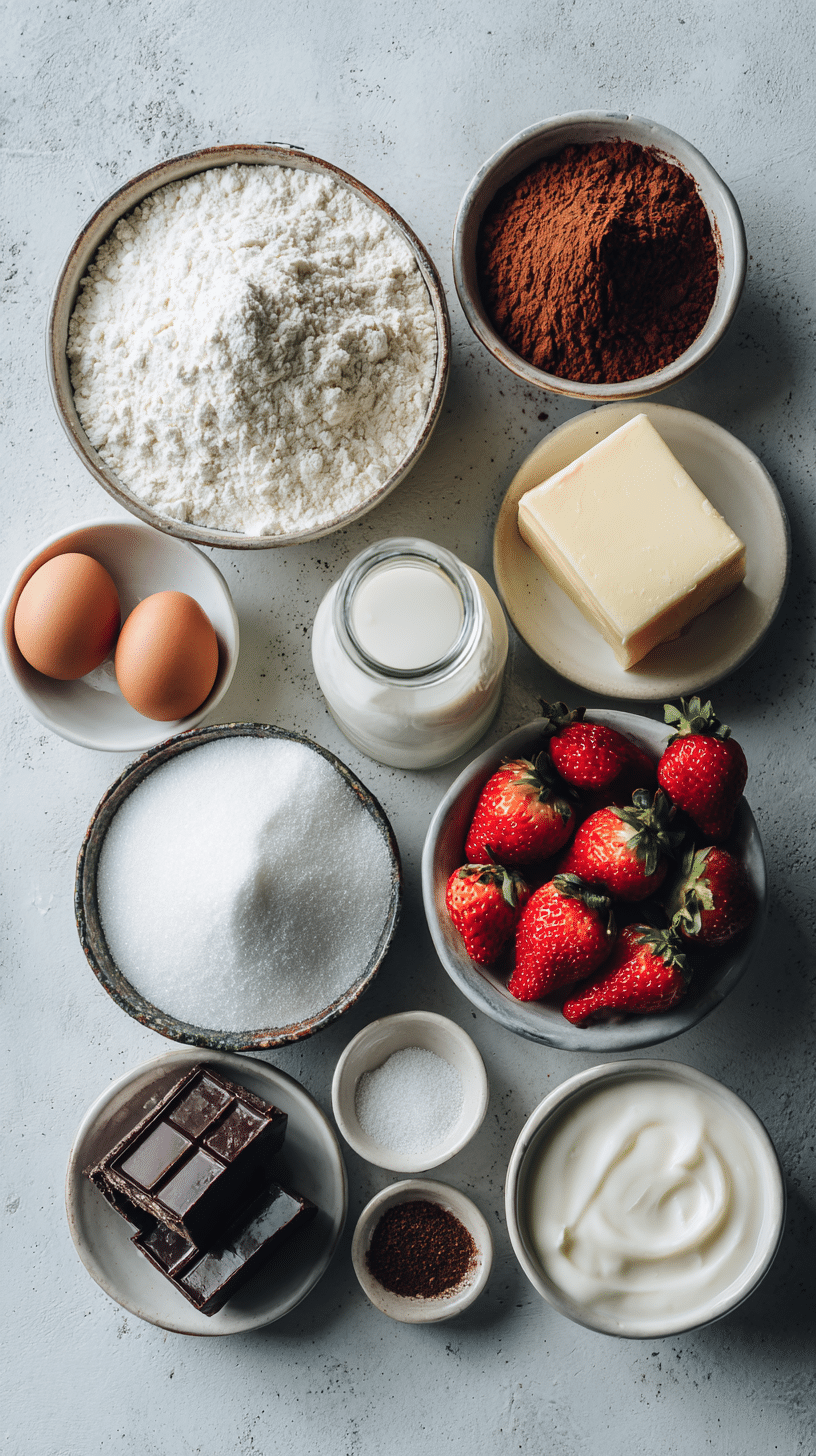 Ingredients for Neapolitan Cake arranged neatly on a light surface.