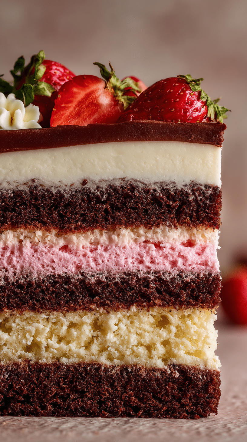 Close-up of a sliced Neapolitan Cake showing chocolate strawberry and vanilla layers.