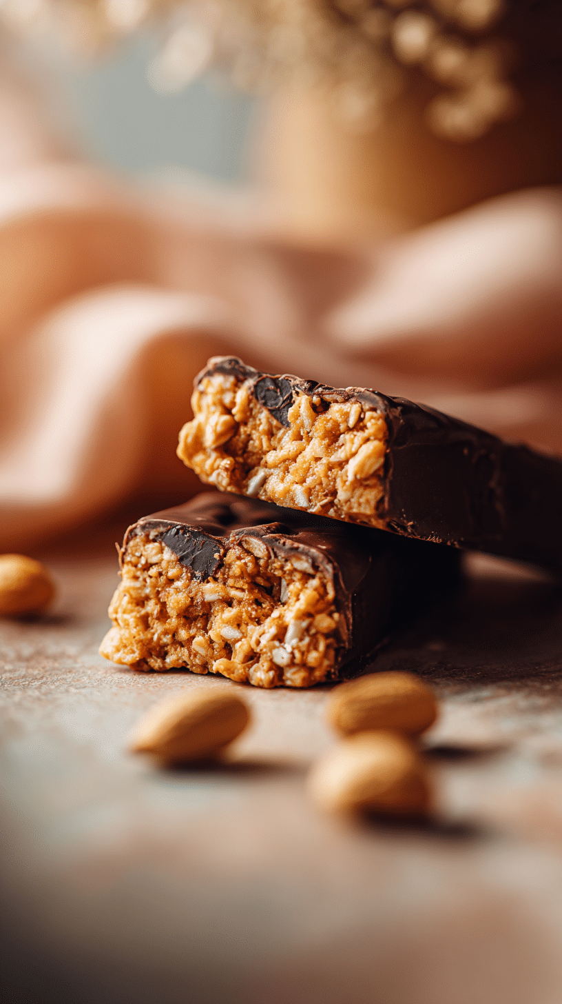 Close-up of a no-bake protein bar showing oats, peanut butter, and chocolate pieces