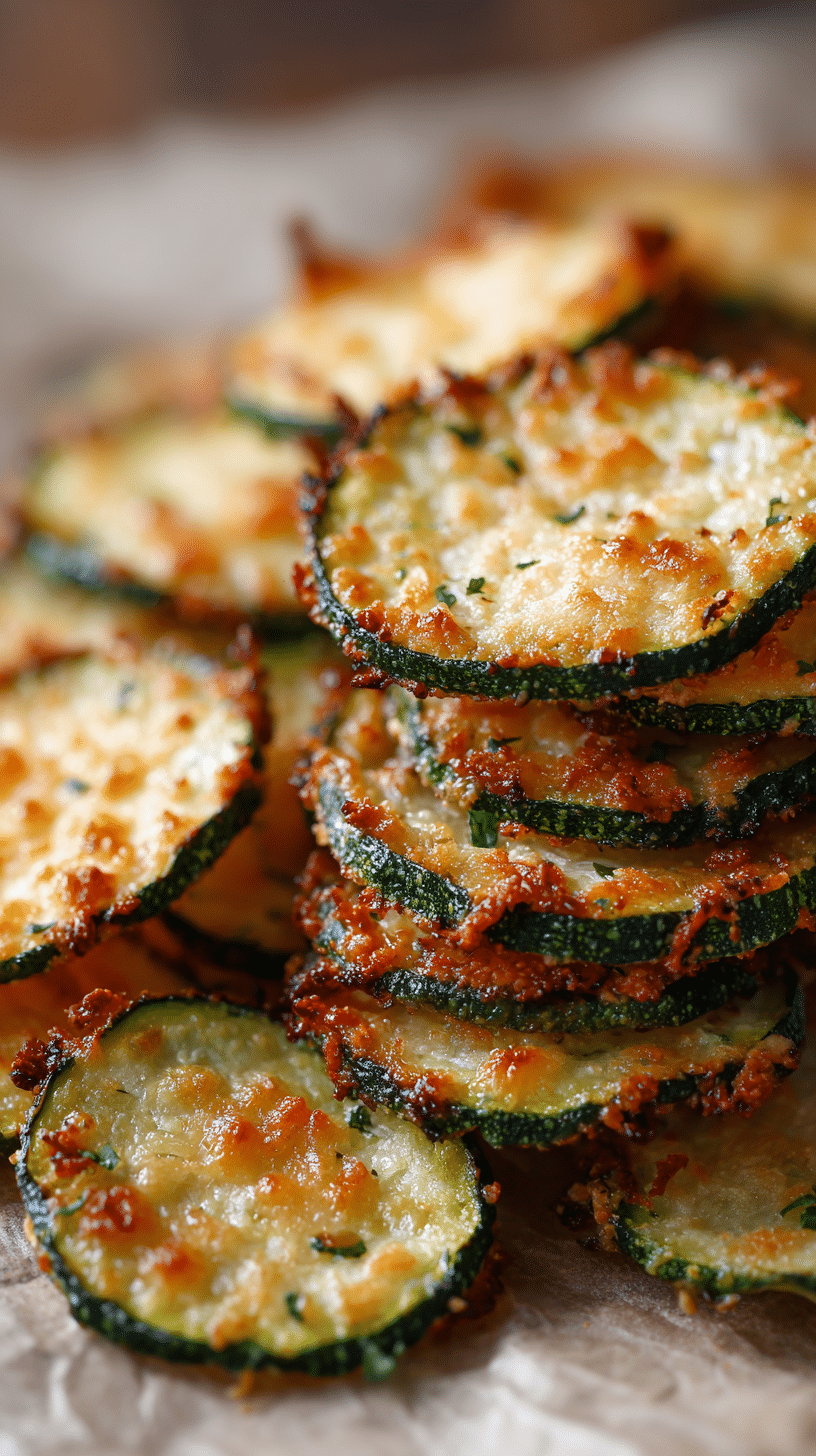 Close-up of crispy Oven-Baked Zucchini Chips with golden Parmesan edges.