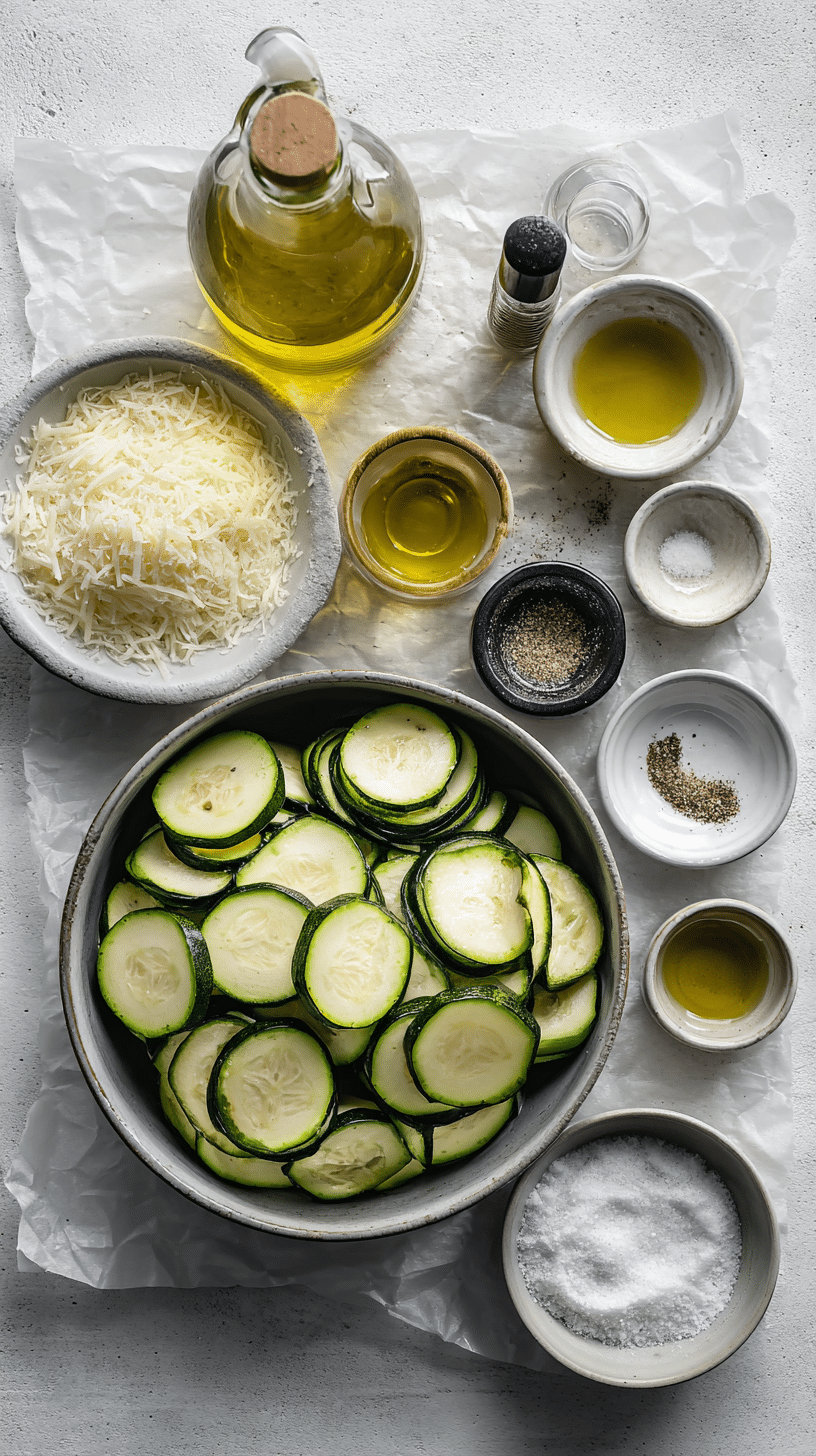 Ingredients for Oven-Baked Zucchini Chips arranged neatly on a light surface.