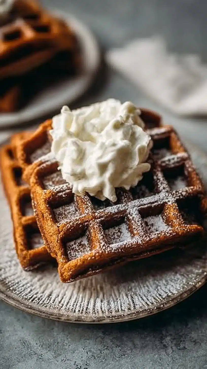 Delicious gingerbread waffles topped with festive decorations