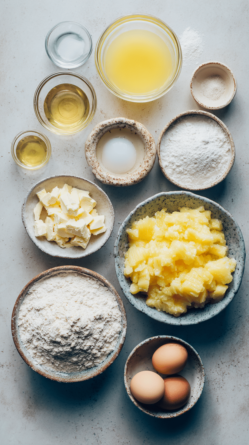 Ingredients needed to make Pineapple Juice Cake arranged on a clean kitchen surface