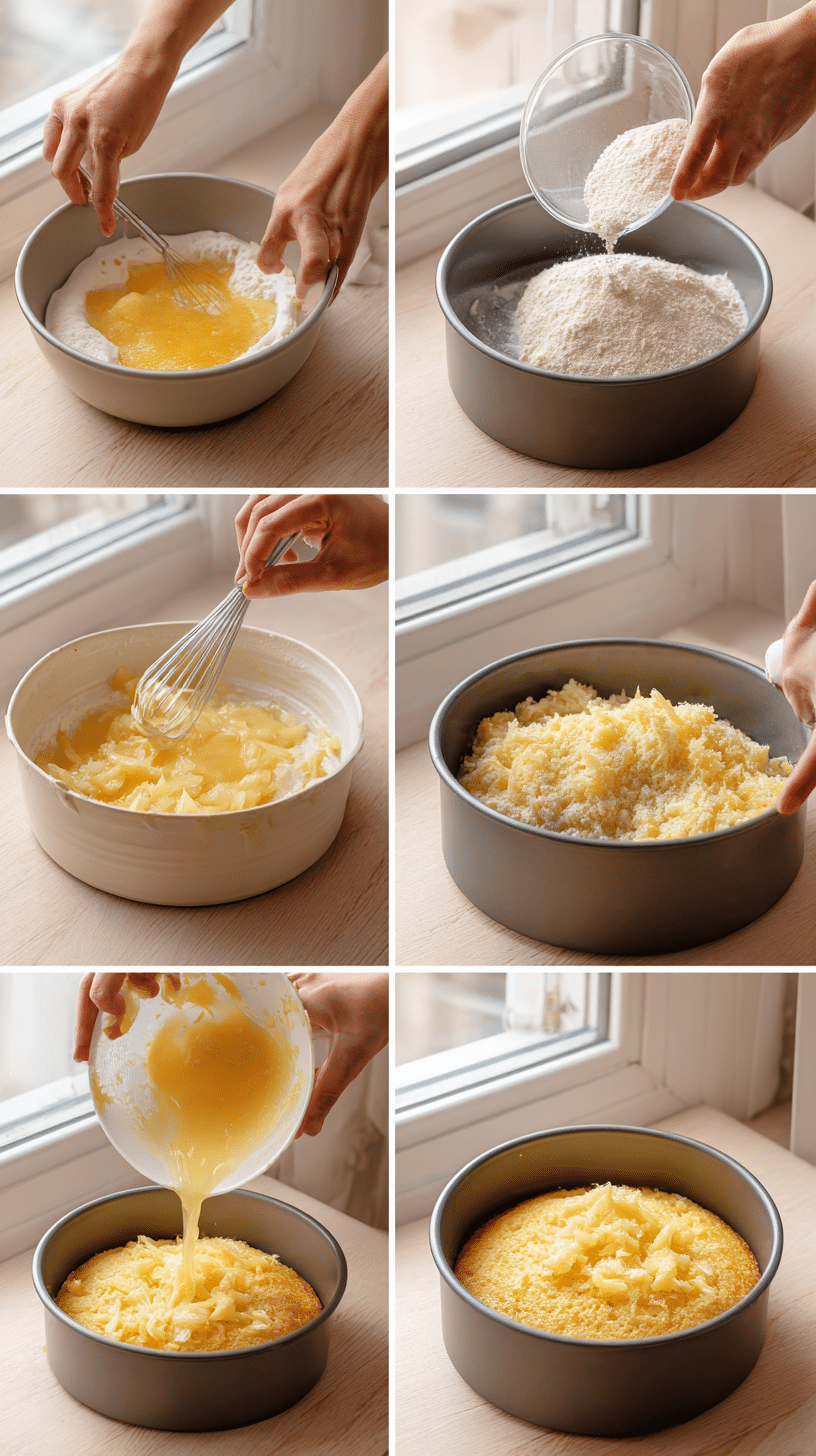 Step-by-step process of making Pineapple Juice Cake from mixing to baking