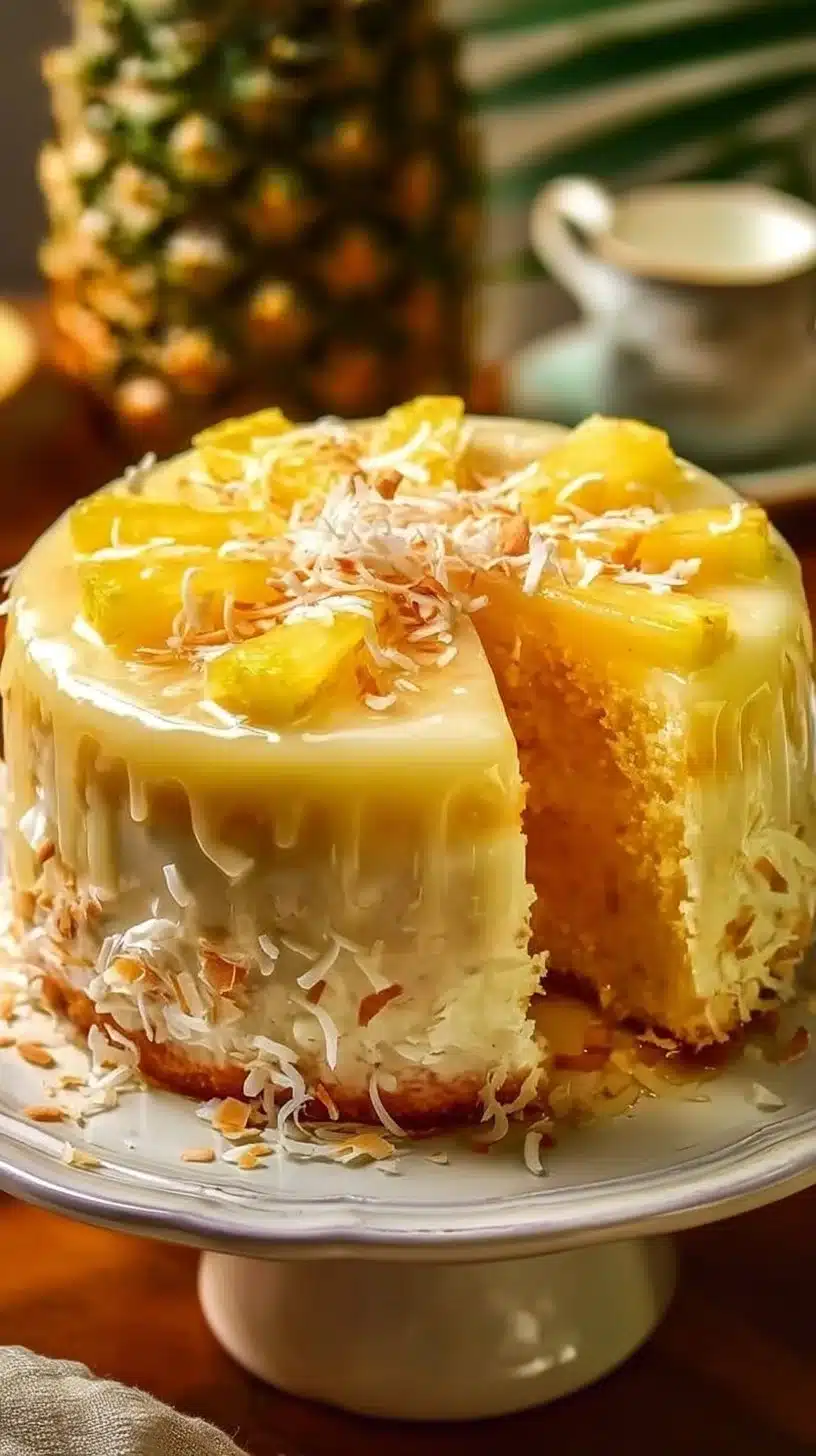 Moist pineapple juice cake topped with fresh pineapple slices and cream frosting