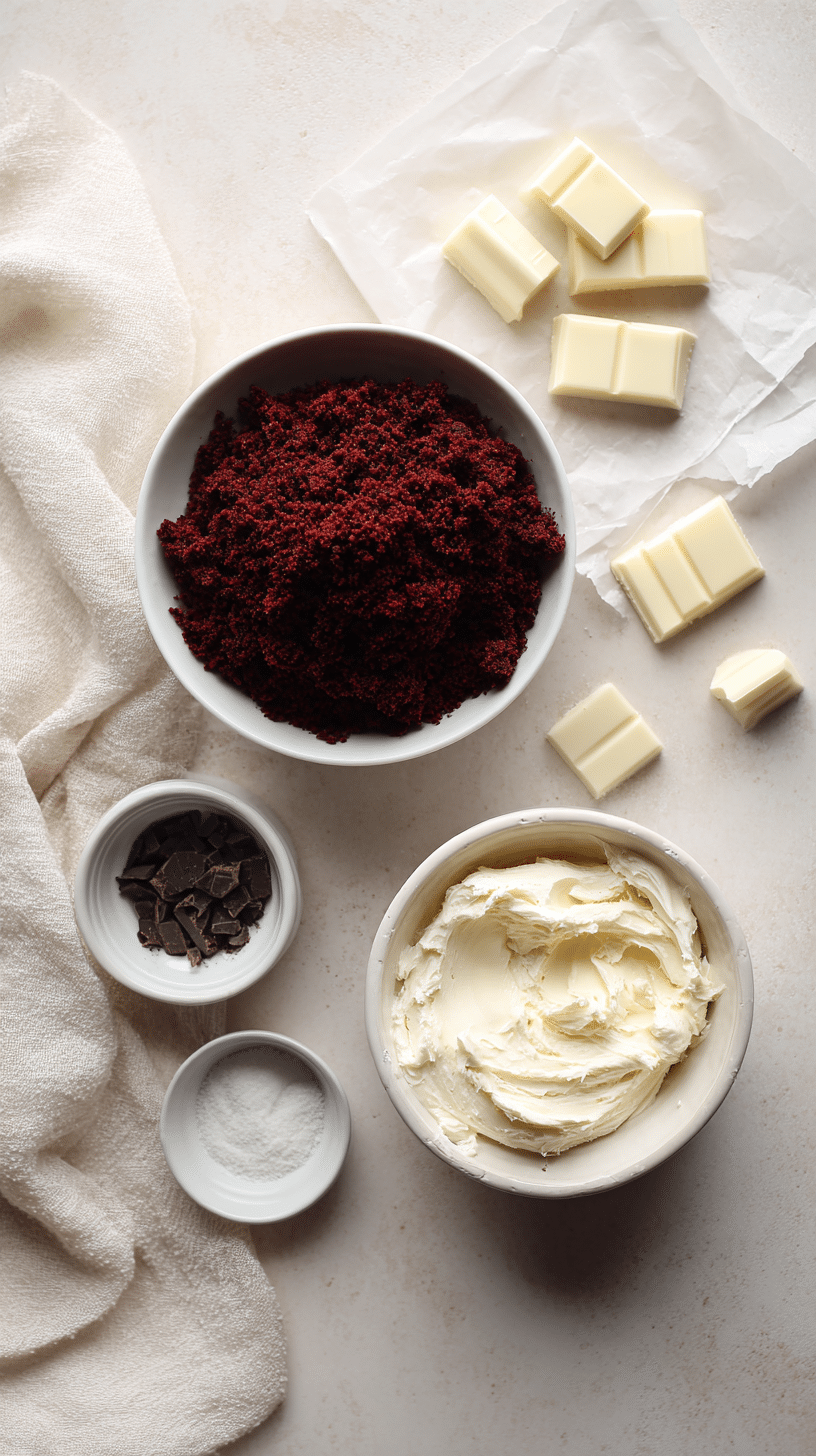 Ingredients for Red Velvet Cake Balls arranged neatly on a light surface.