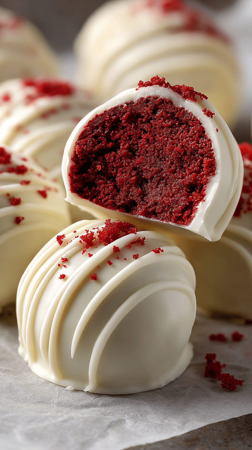 Close-up of Red Velvet Cake Balls with moist red velvet center and white chocolate coating.