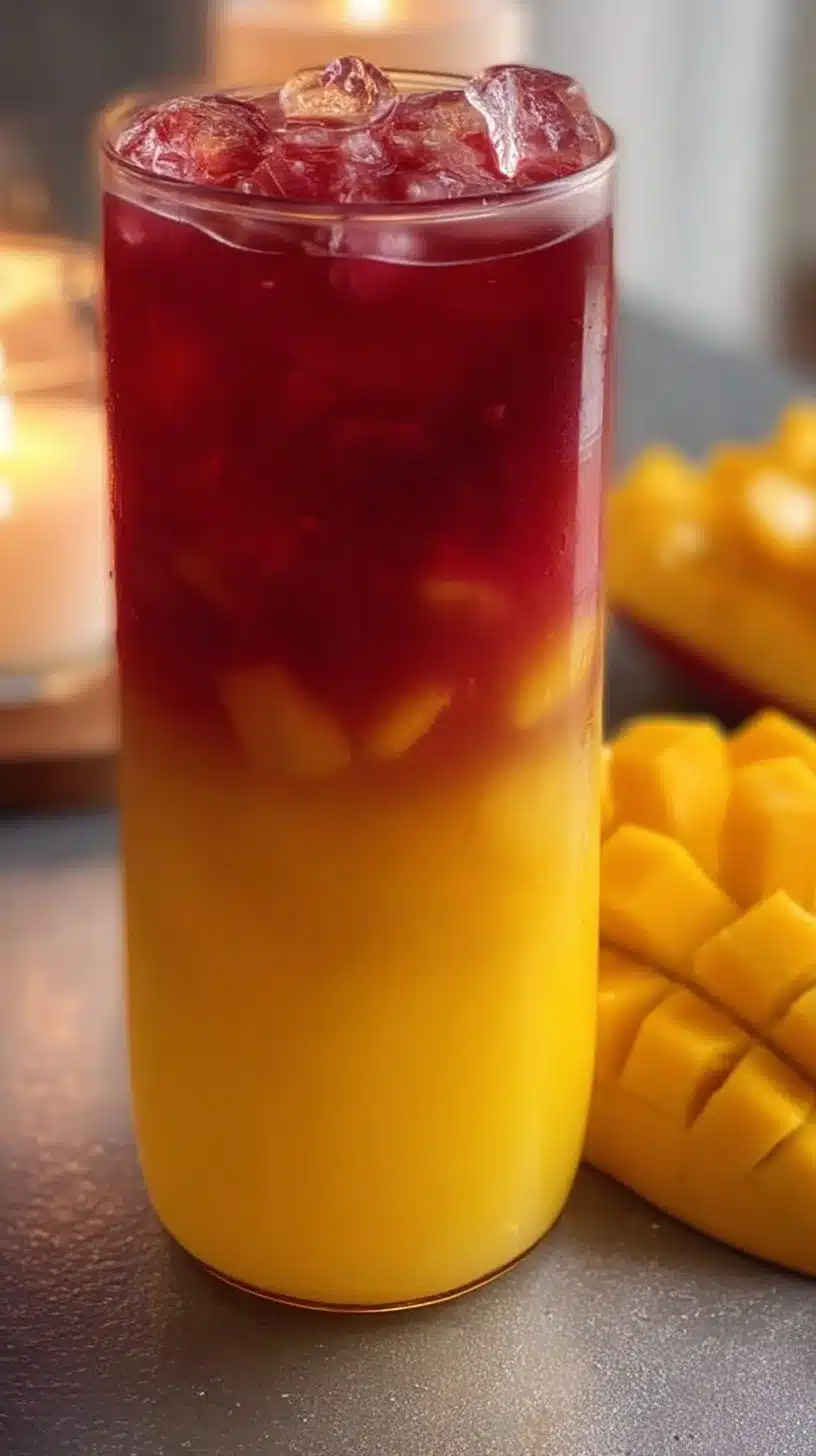Refreshing glass of Mango Hibiscus Iced Tea with ice and a slice of mango