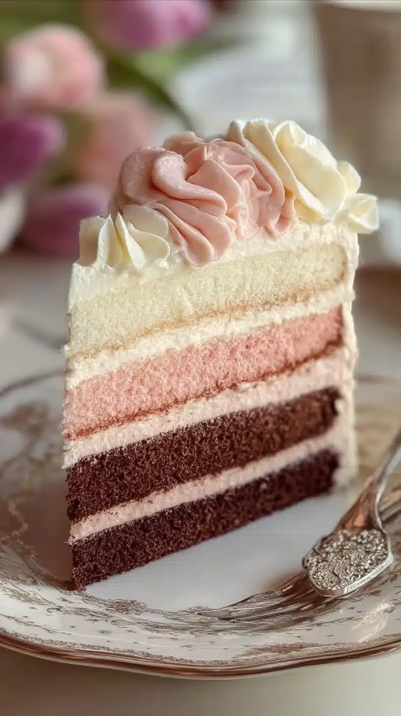 Rich Neapolitan cake showcasing layers of chocolate, vanilla, and strawberry flavors