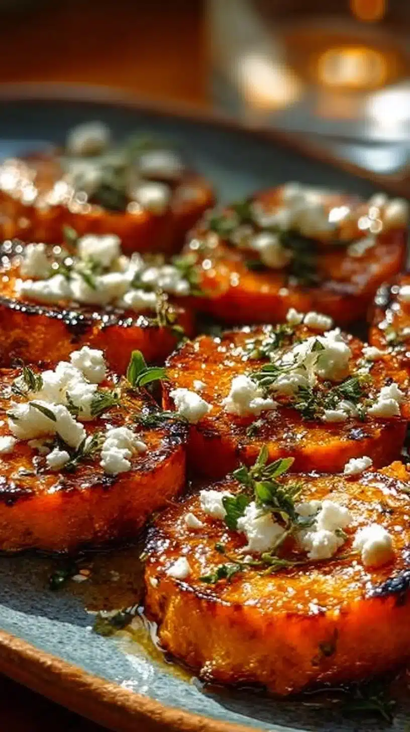 Roasted sweet potato rounds with honey and feta served on a plate.