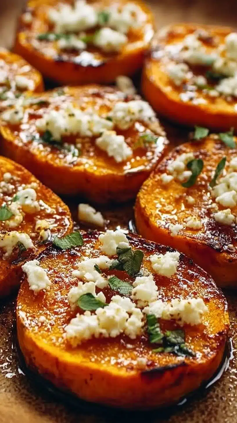 Roasted sweet potato rounds topped with honey and feta on a plate