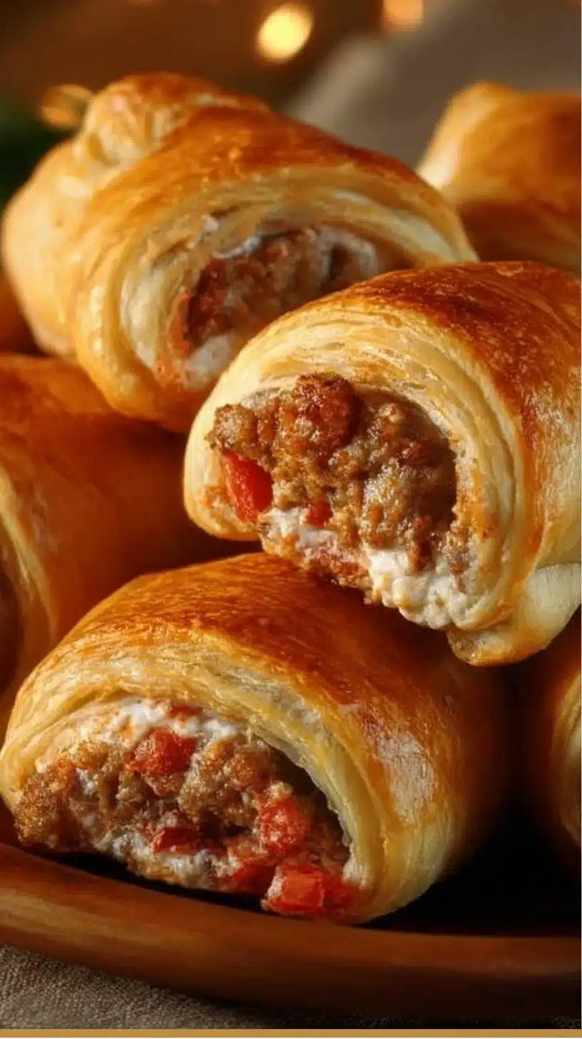 Sausage, Rotel, and cream cheese filled crescent rolls on a plate.