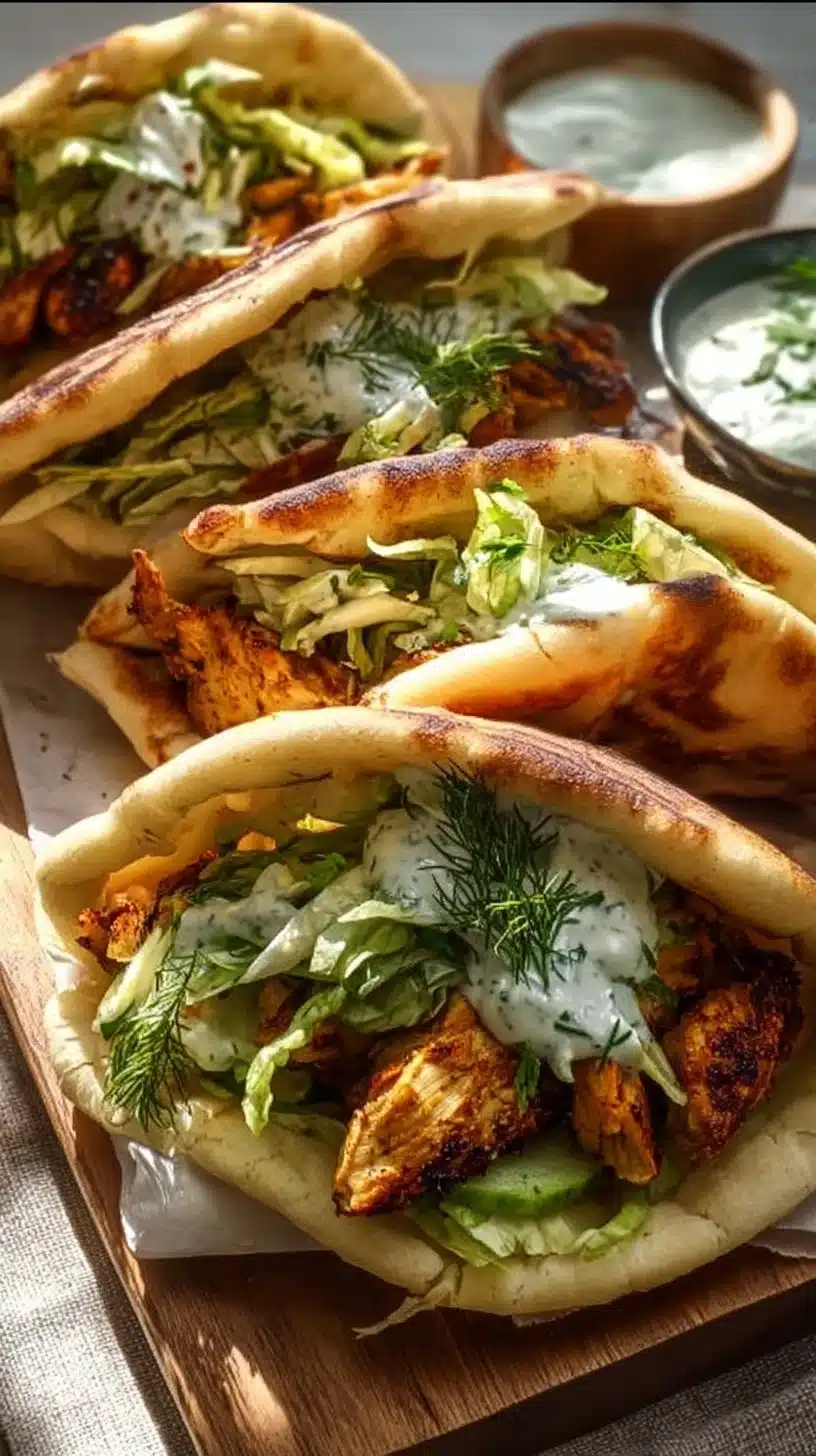 Delicious Sheet Pan Chicken Pitas with Herby Ranch on a serving plate