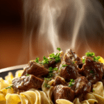 Slow cooker beef and noodles in a bowl