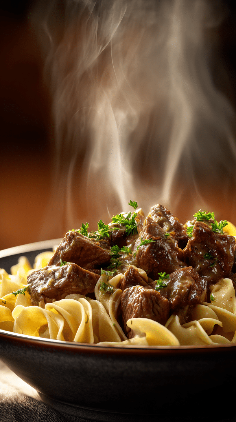 Slow cooker beef and noodles in a bowl