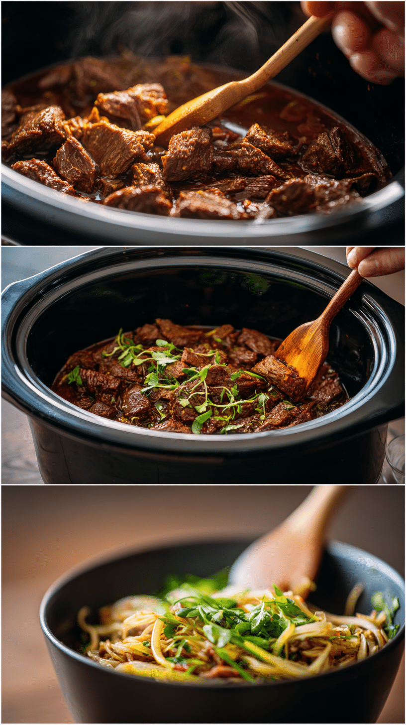Steps for making slow cooker beef and noodles