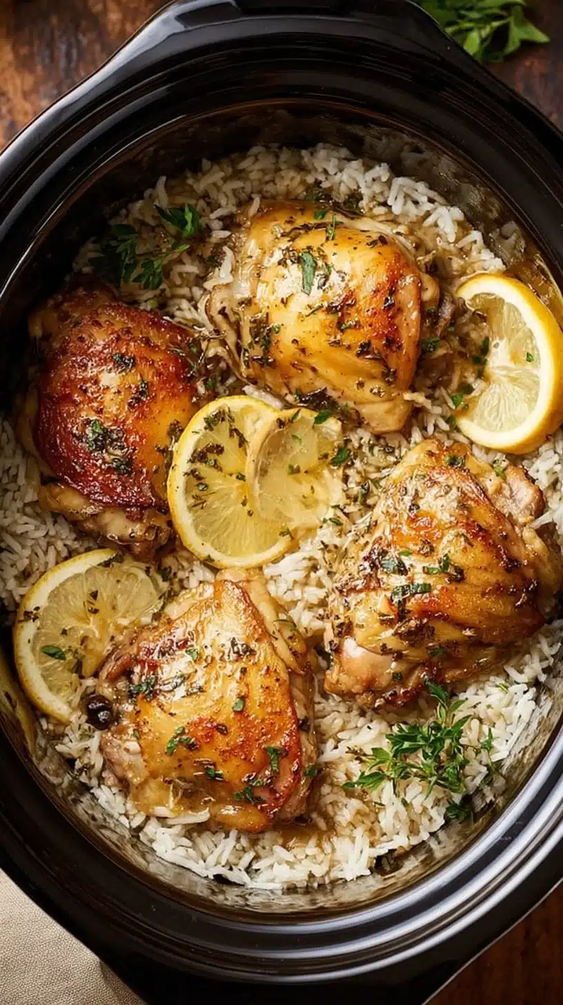 Delicious slow cooker lemon herb chicken served with fluffy rice