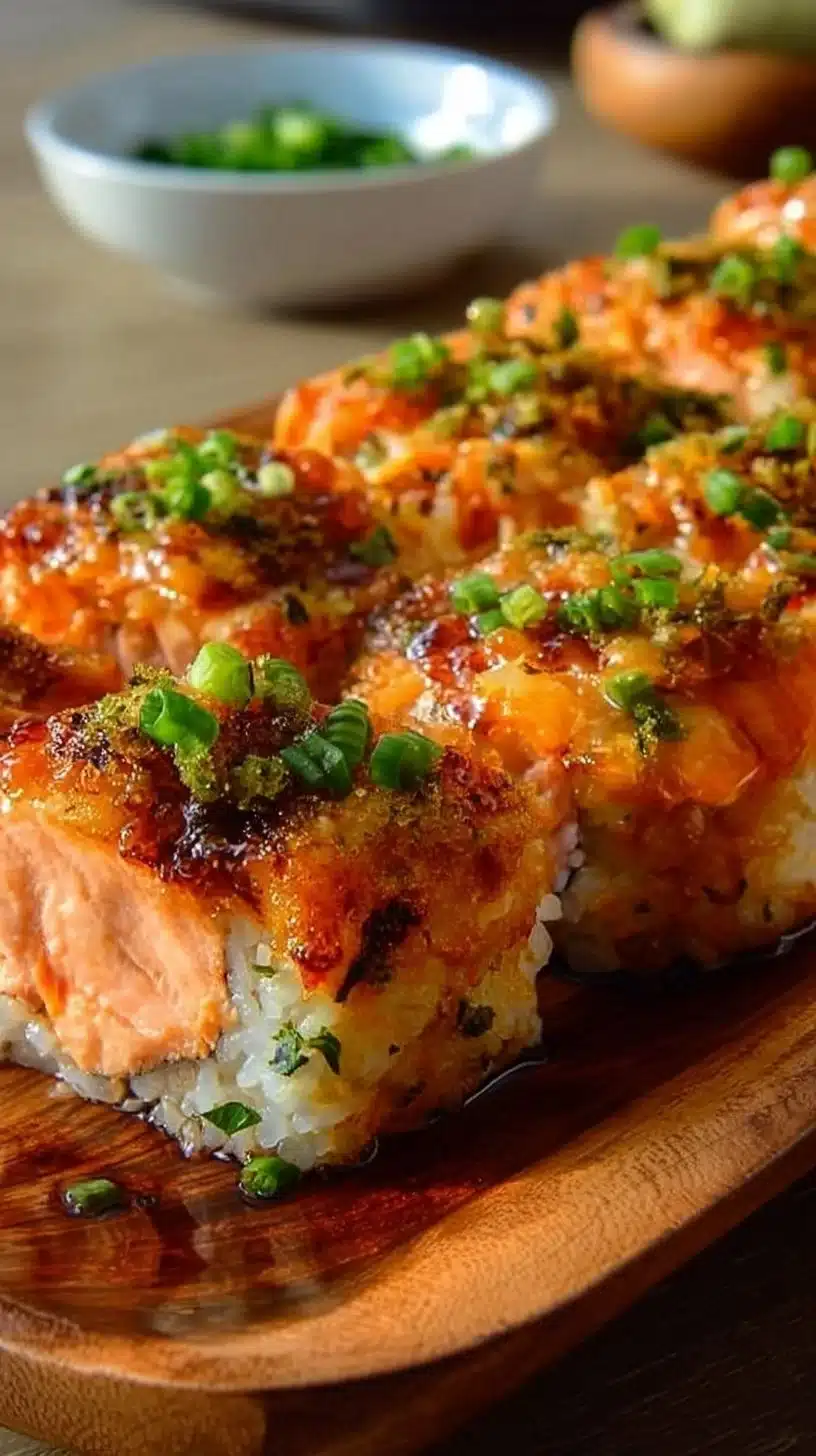 Delicious spicy salmon sushi bake topped with creamy mayonnaise and scallions