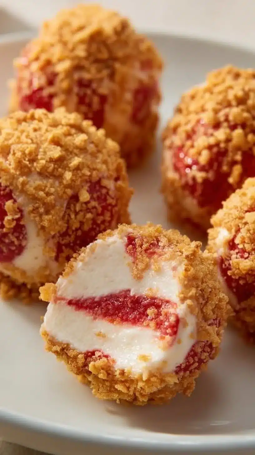 Delicious strawberry cheesecake crunch bites drizzled with sauce on a plate.