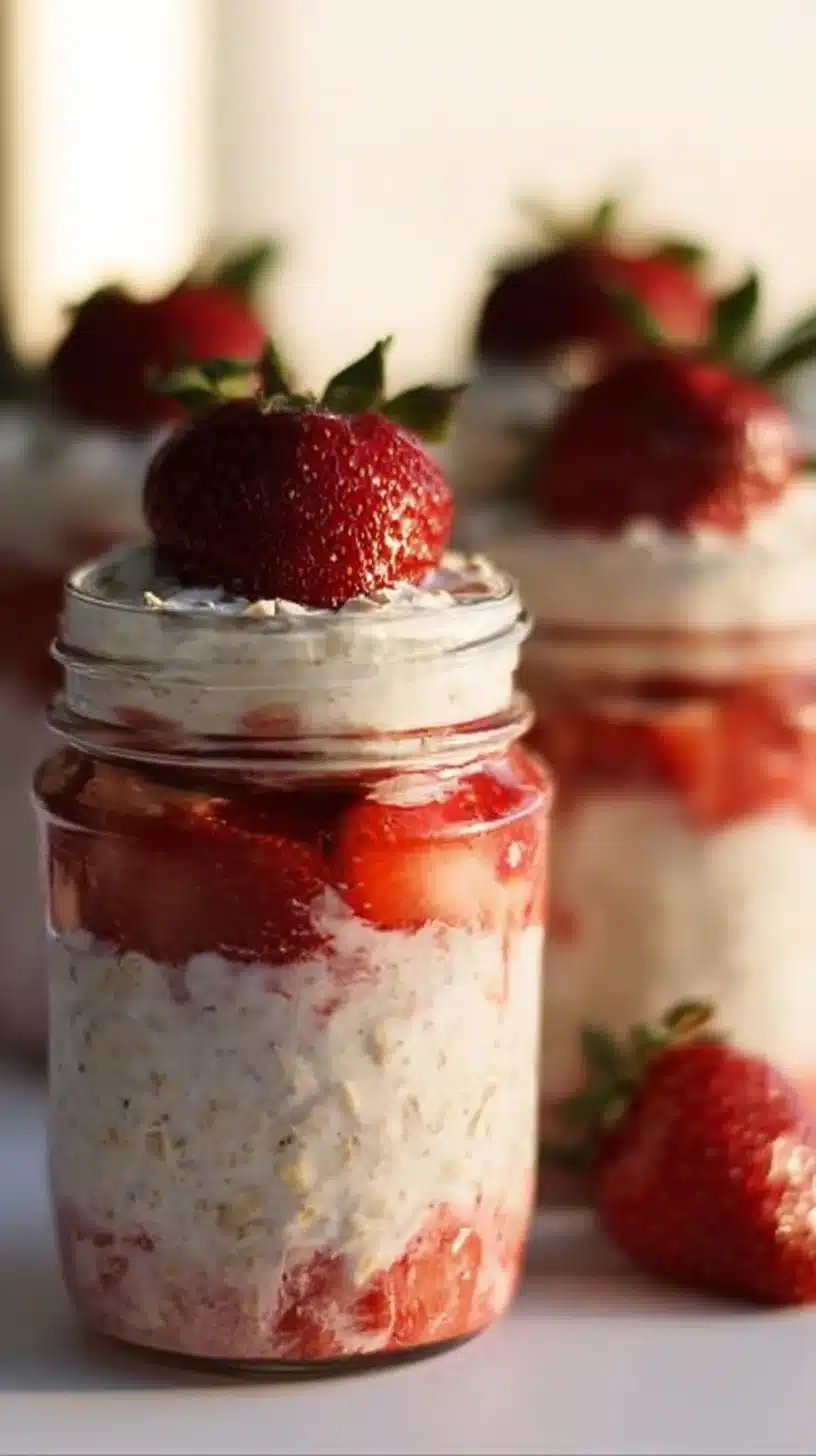 Bowl of strawberry cheesecake overnight oats topped with fresh strawberries and granola