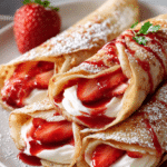 Strawberry crepes filled with whipped cream and fresh strawberries on a plate