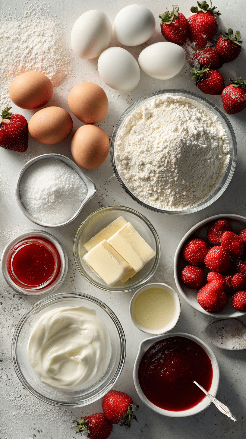 Exact ingredients for strawberry crepes including flour, eggs, milk, strawberries, and whipped cream