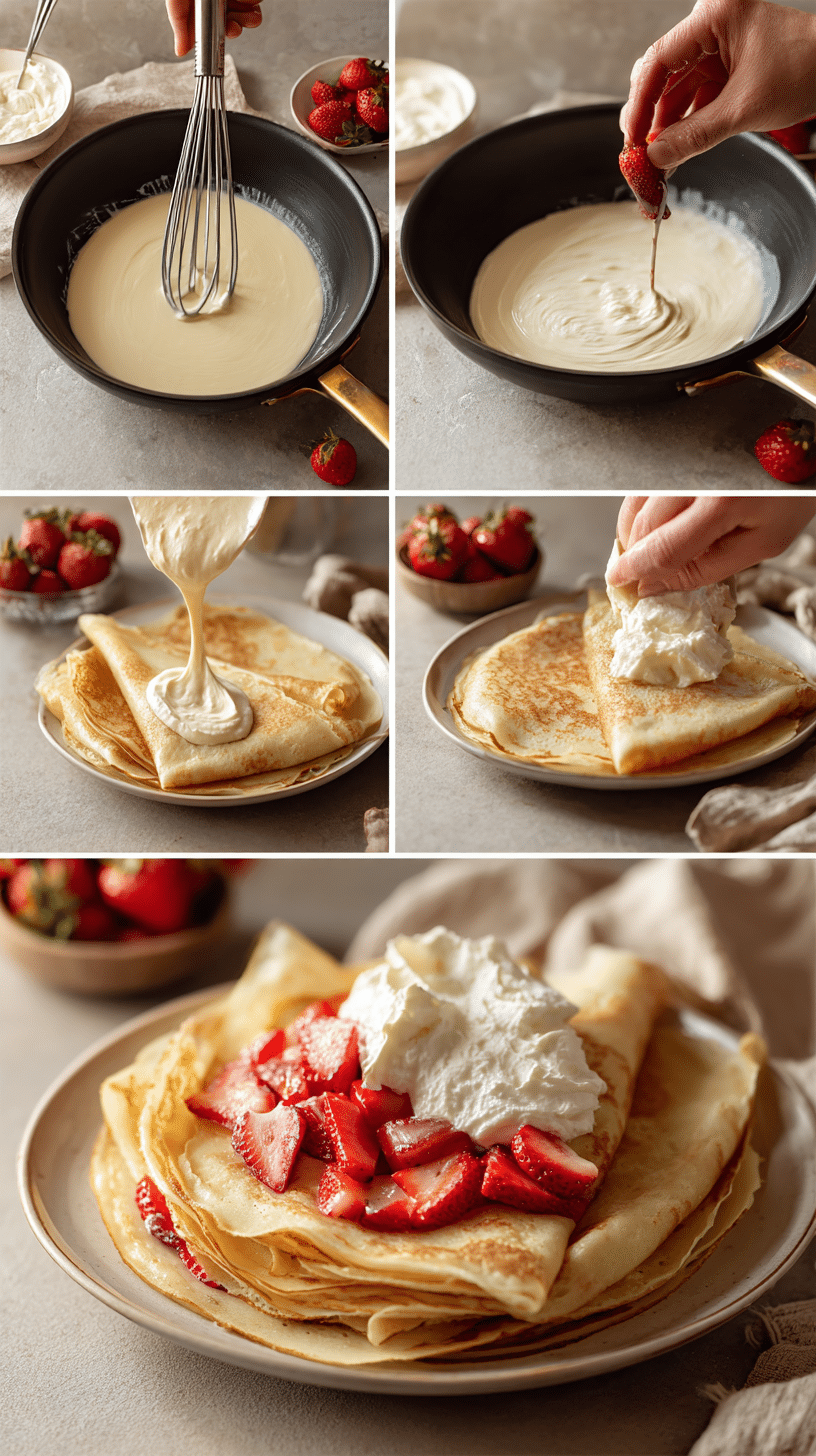 Step-by-step process of making strawberry crepes from batter to filling