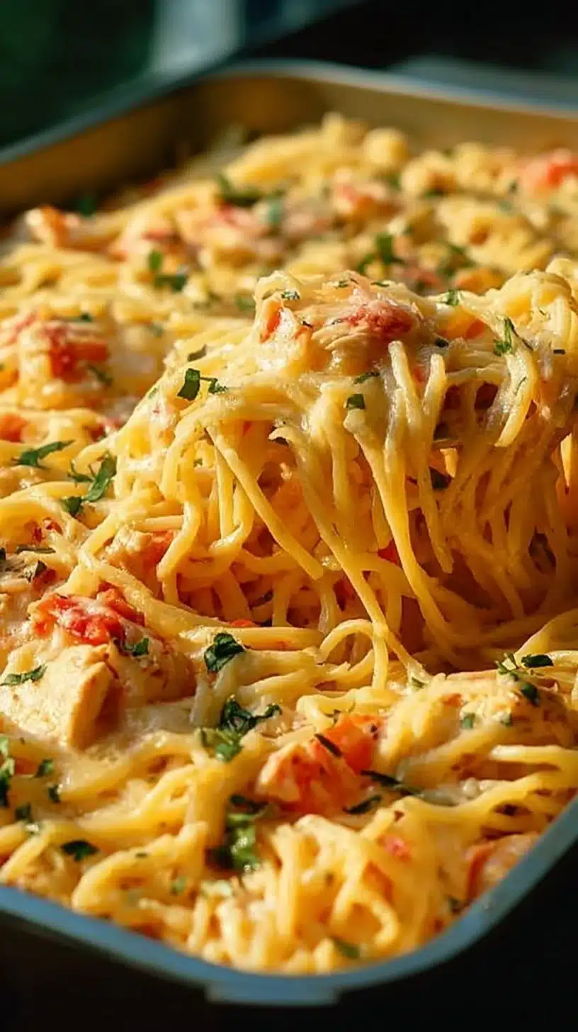 Delicious plate of chicken spaghetti made with Rotel