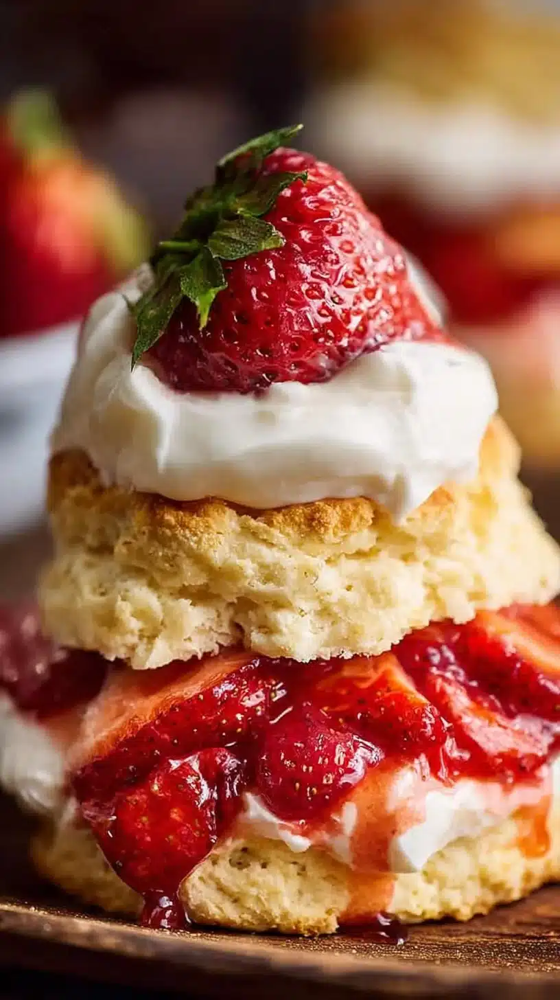Delicious classic strawberry shortcake with fresh strawberries and whipped cream