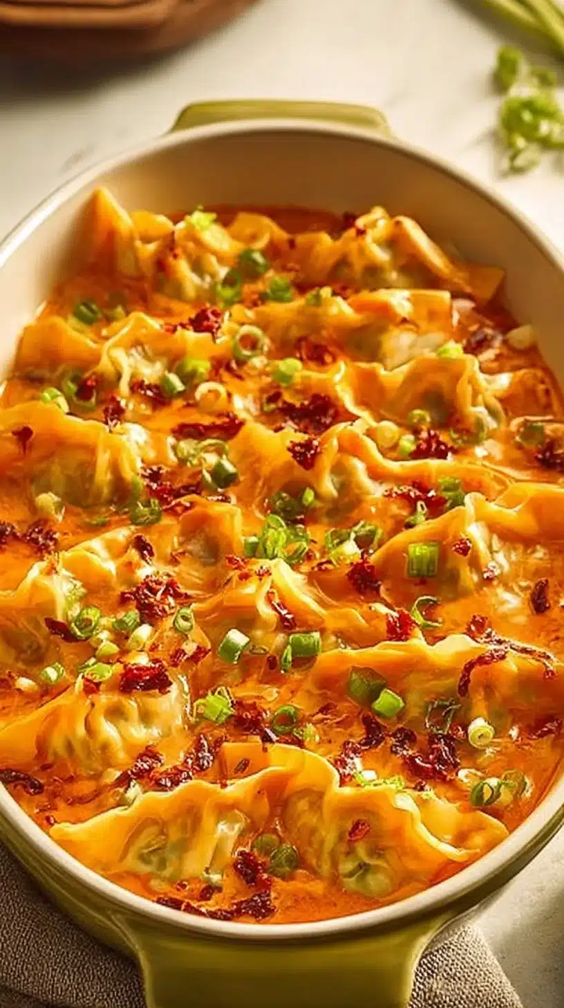 Trader Joe's viral dumpling bake recipe with crispy golden dumplings and sauce