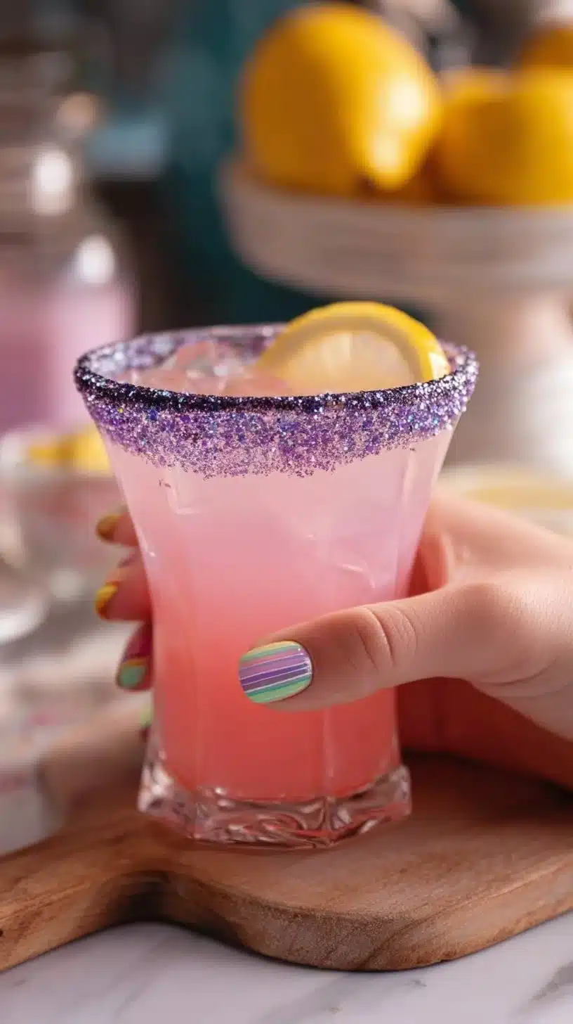 Enjoy a glass of colorful Unicorn Color-Changing Lemonade with vibrant hues.