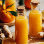 Homemade wellness shots recipe made with citrus, ginger, and turmeric in small glass bottles