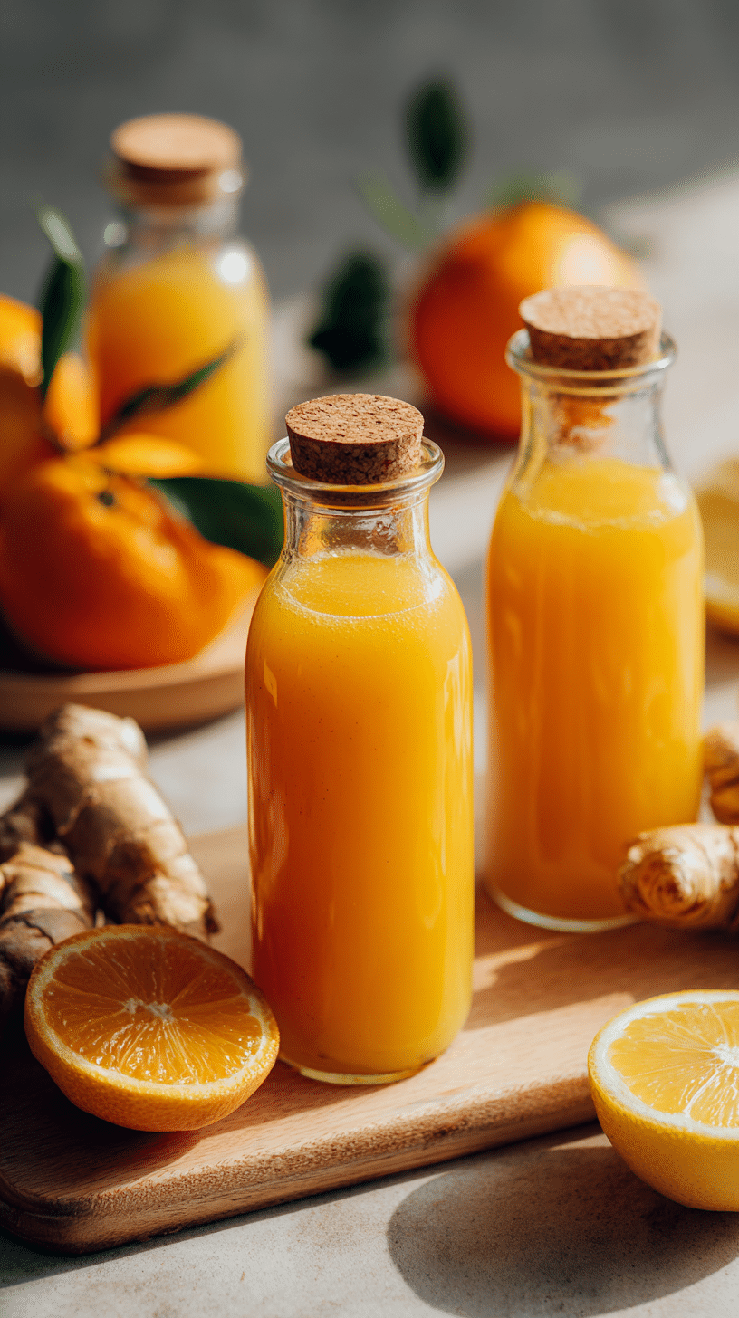 Homemade wellness shots recipe made with citrus, ginger, and turmeric in small glass bottles