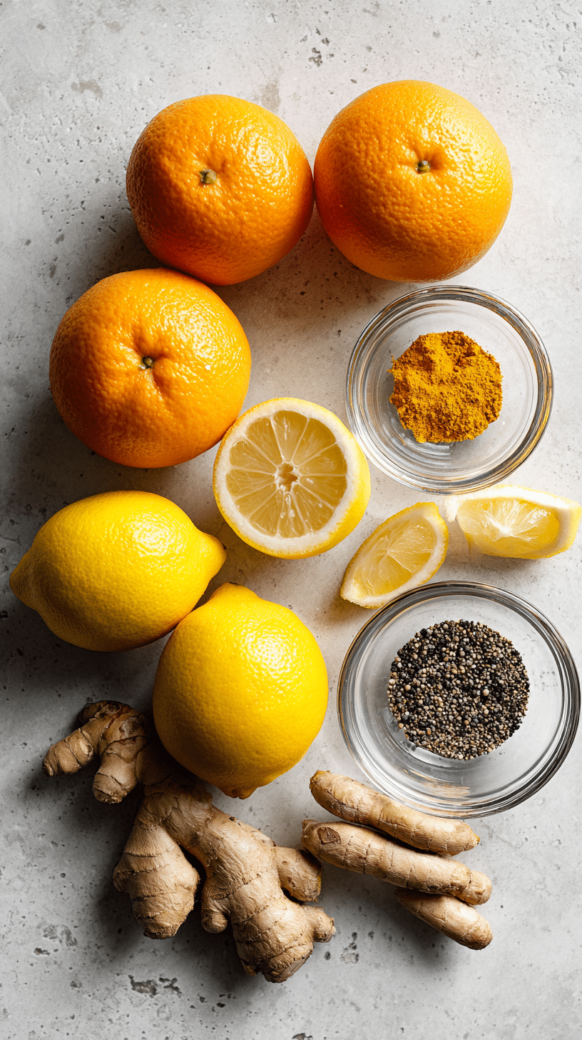Ingredients for a wellness shots recipe including citrus, ginger, turmeric, and black pepper