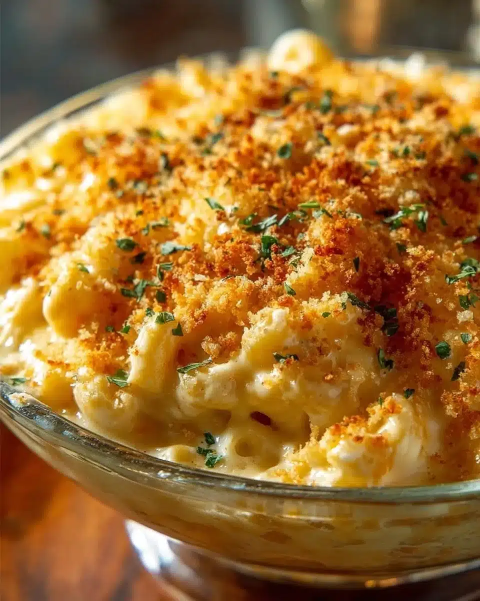 Creamy baked mac and cheese with a golden crust, served in a dish.