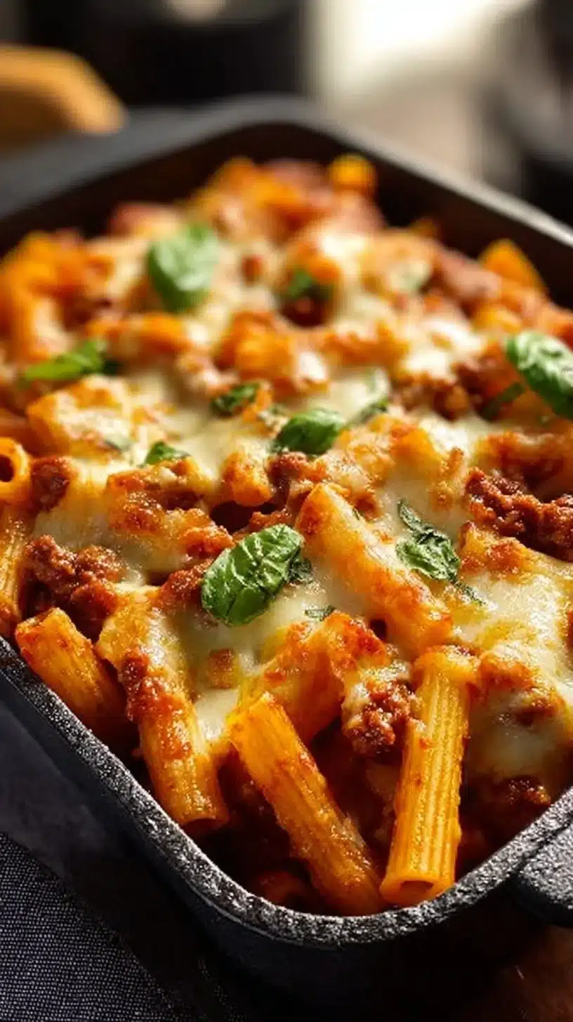 Baked Ziti without Ricotta - savory pasta dish topped with cheese