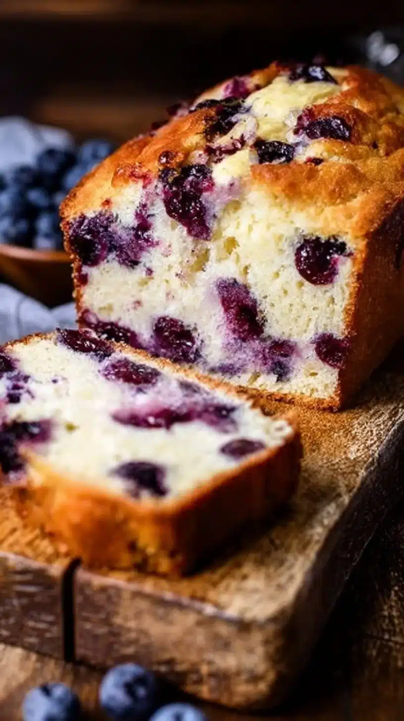 Delicious blueberry cream cheese loaf with vanilla glaze on a wooden table