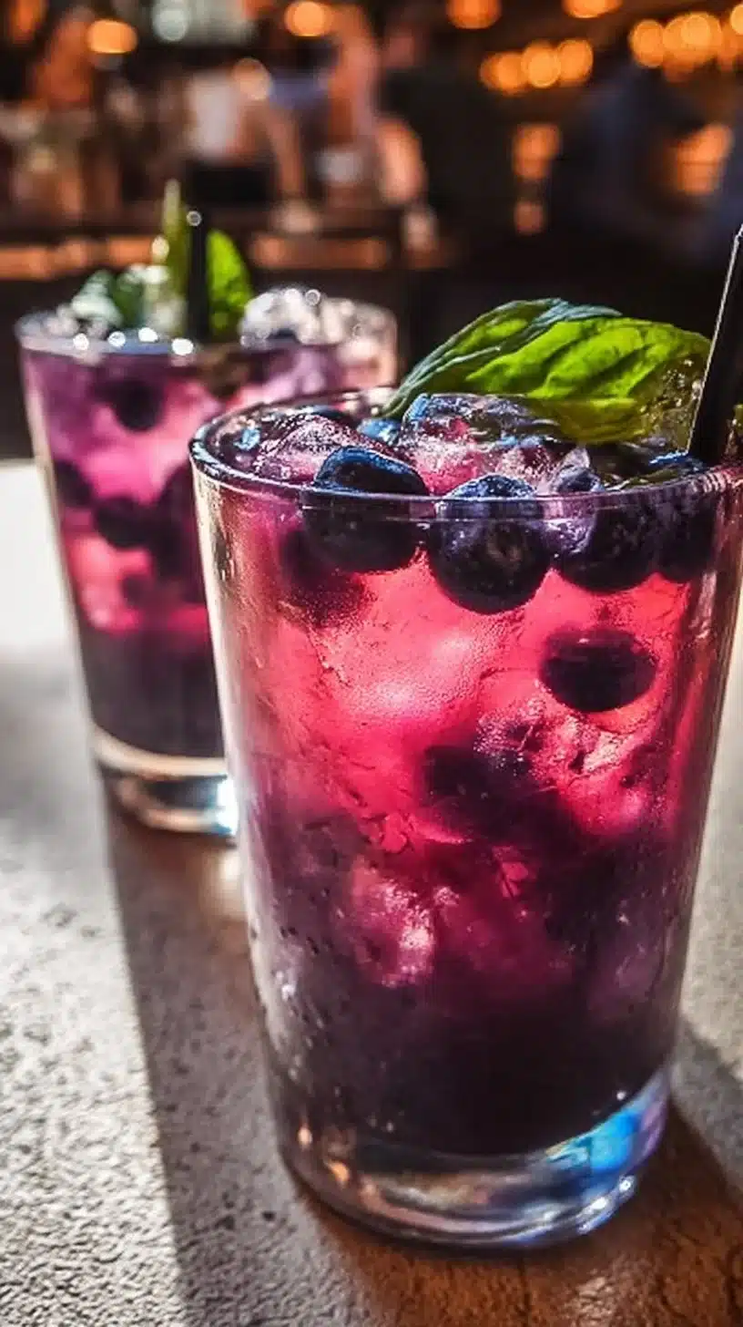 Blueberry Basil Lemon Lavender Mocktail with fresh ingredients